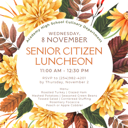 Senior Citizen Lunch Wednesday, November 8 from 11:00-12:30